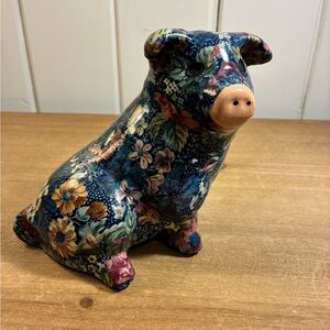 Floral Patchwork Ceramic Pig Figurine - Blue